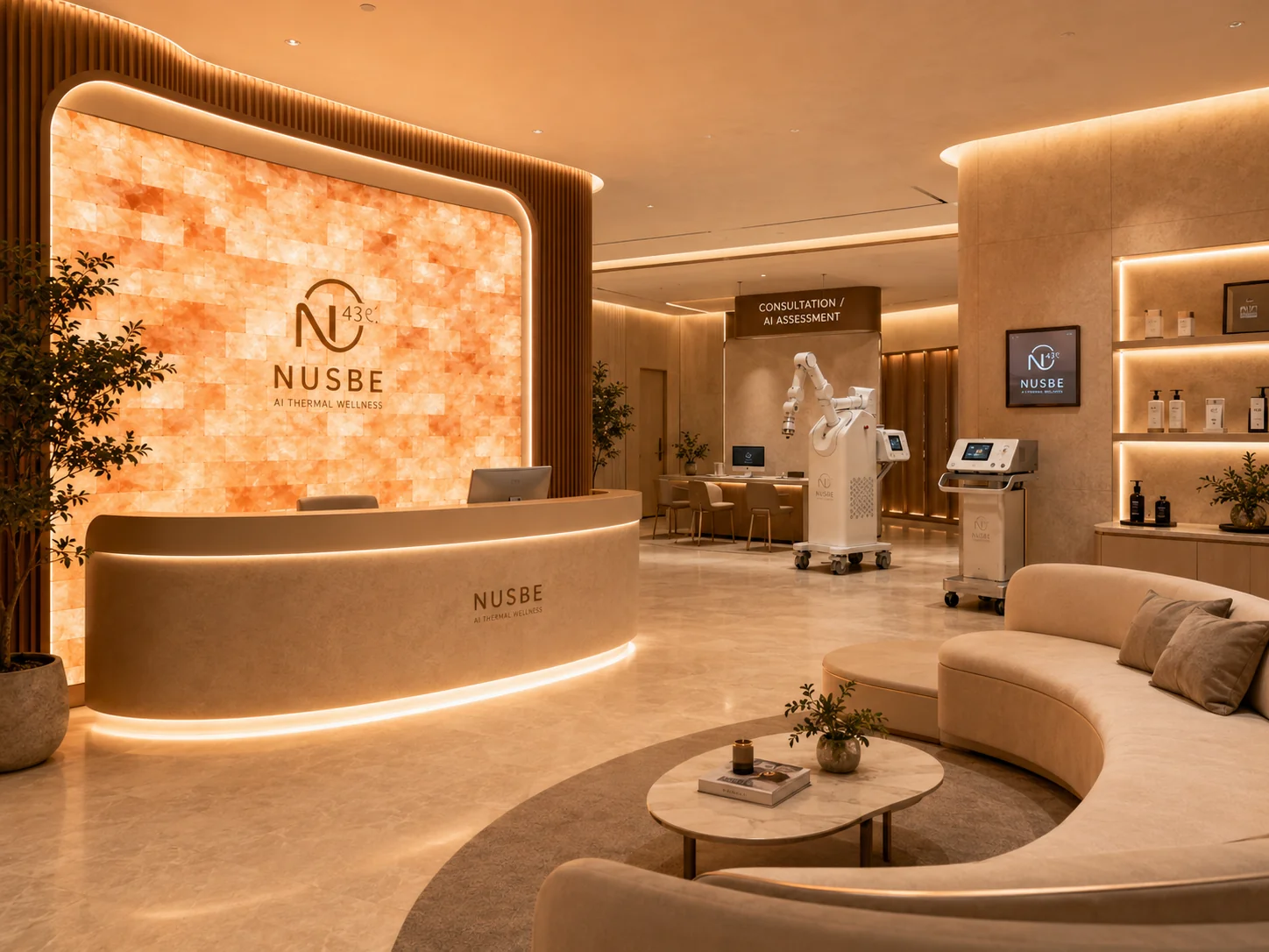 Warmly lit reception and lounge in the NUSBE Concept Store
