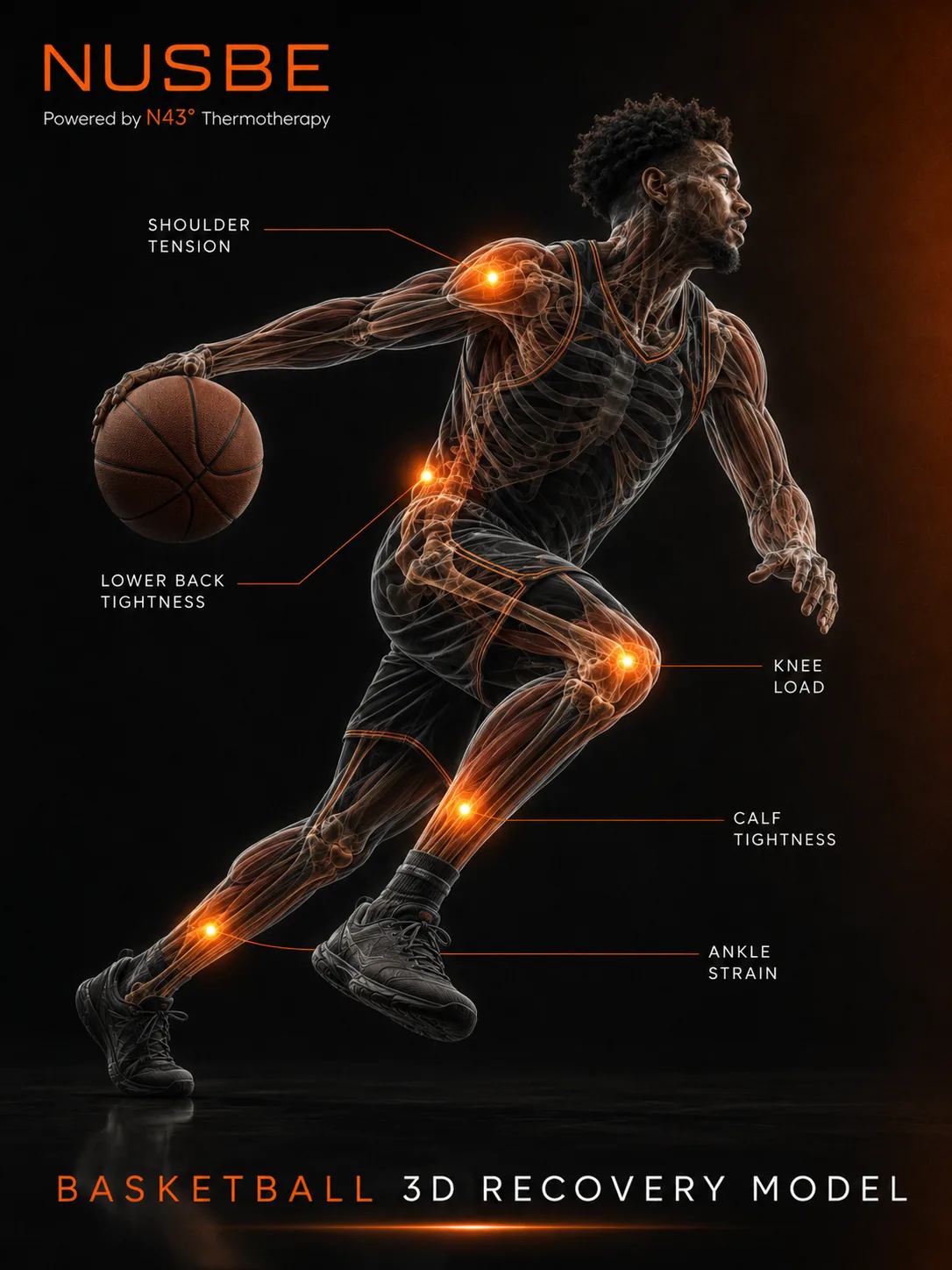 Basketball recovery model showing shoulder, lower back, knee, calf and ankle load areas