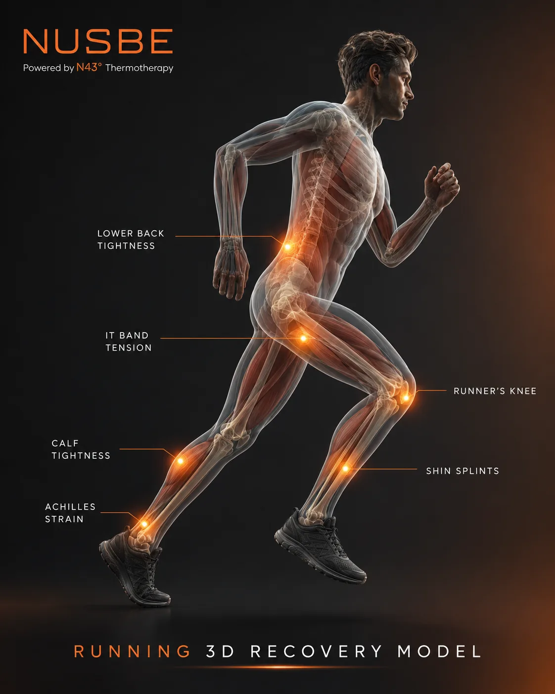 Running recovery model showing lower back, hip, hamstring, knee, calf and Achilles load areas