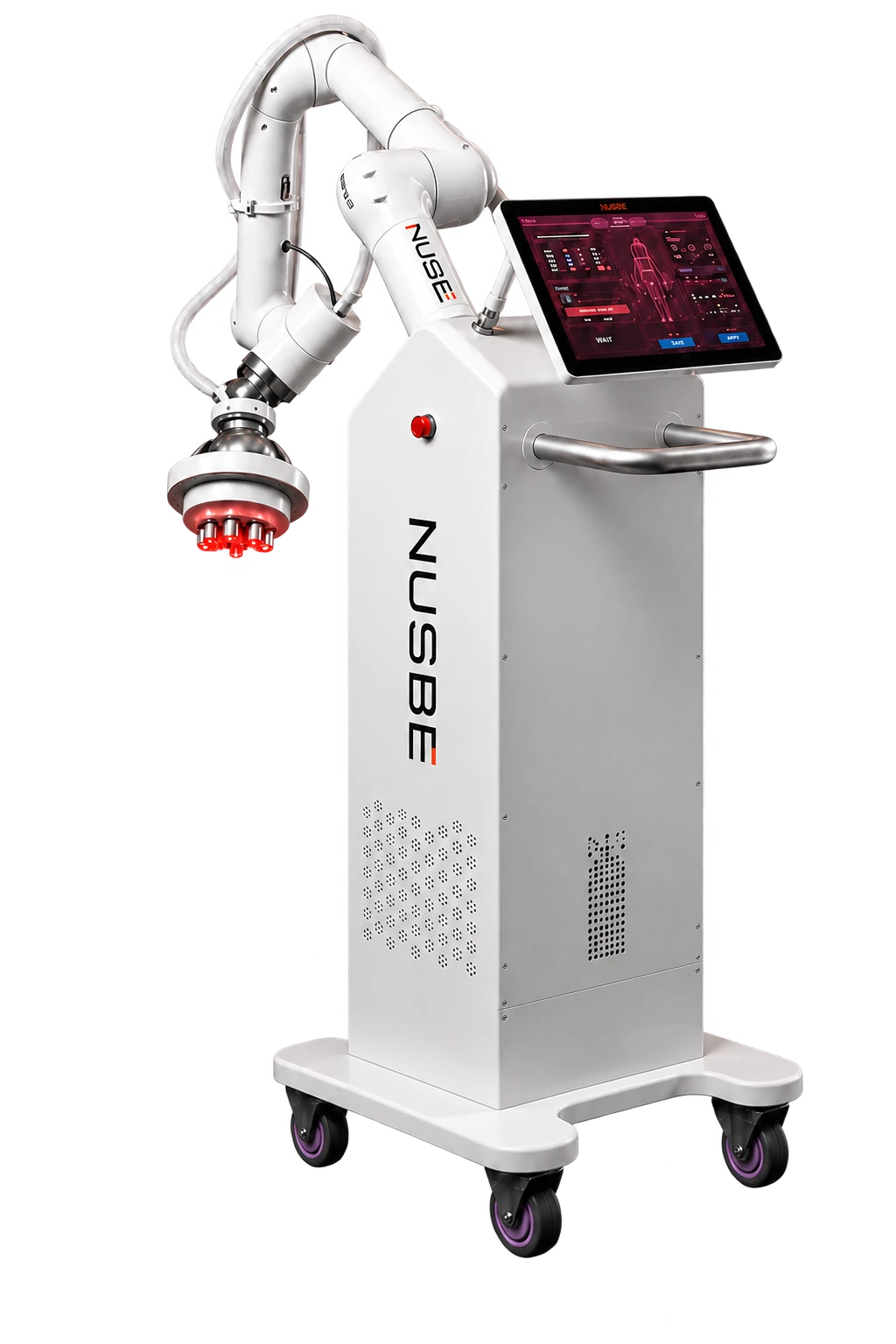 Complete NUSBE robotic thermotherapy system with articulated arm, operator console and wheeled base